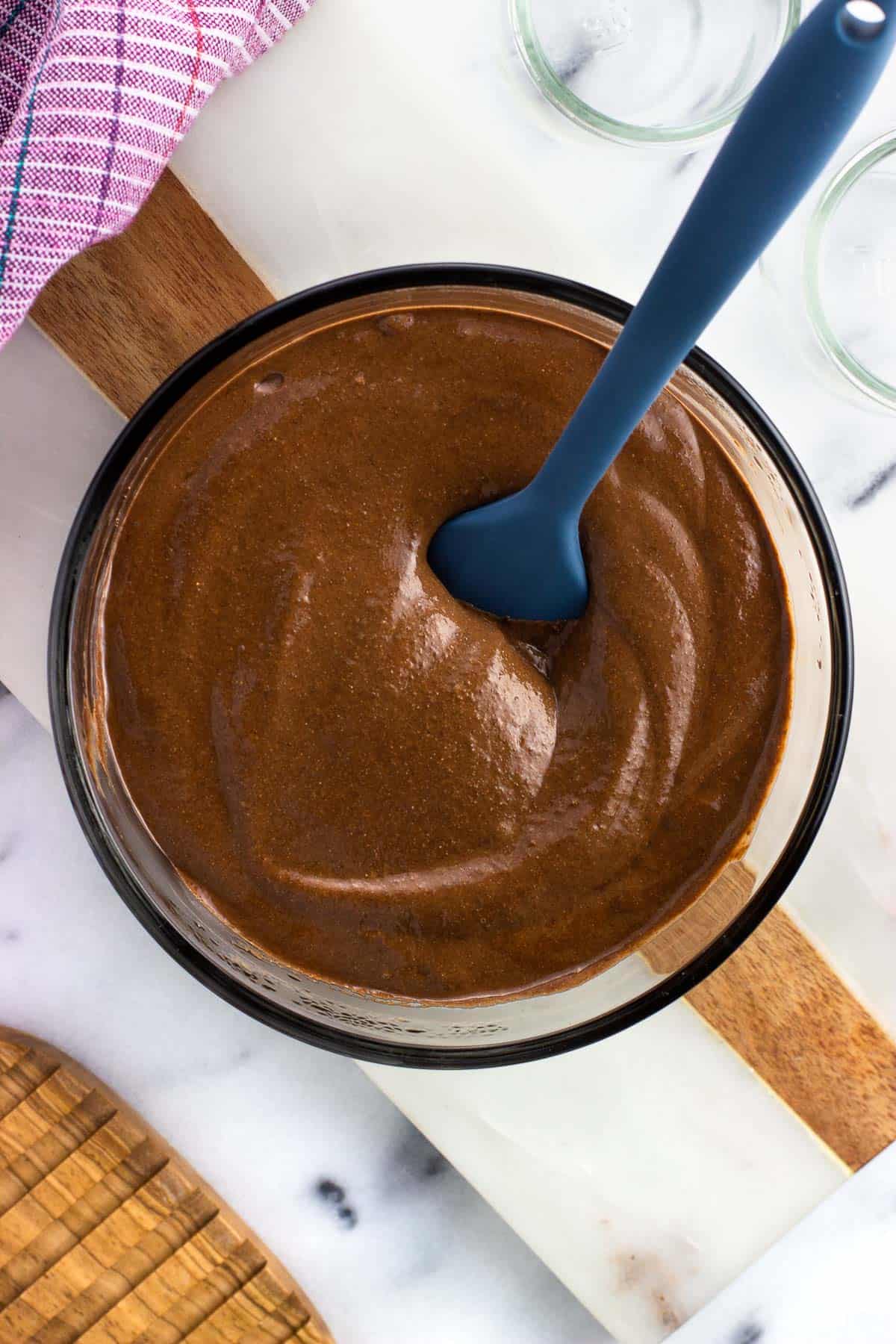 A bowl of chocolate chia seed pudding after refrigerating overnight.