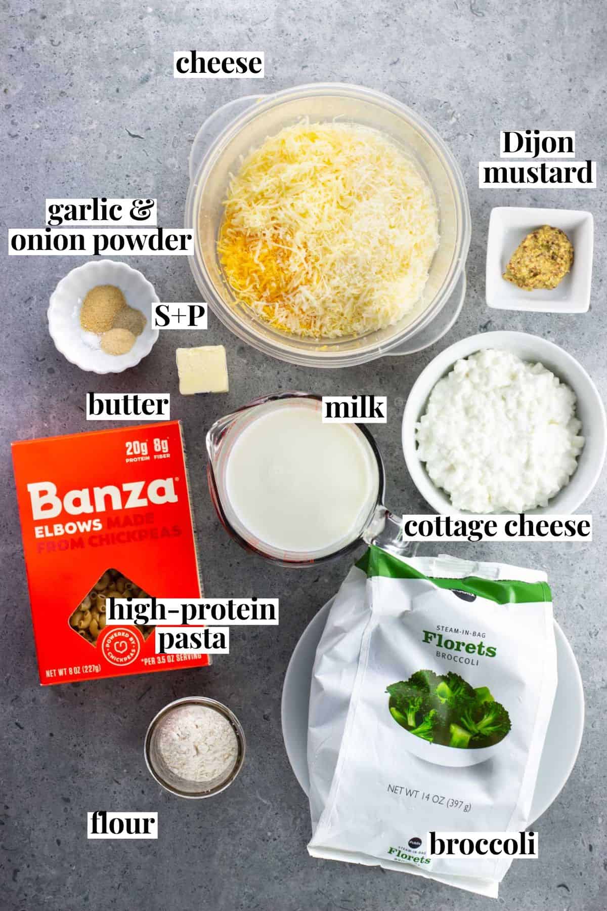 Recipe ingredients in separate containers with text labels.