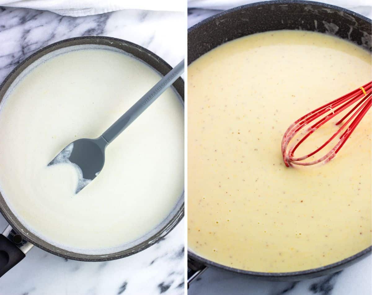 Thickened sauce in a large pan before (left) and after (right) adding the shredded cheeses.