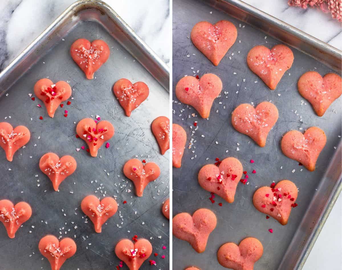 Pink heart cookies on a sheet pan before (left) and after (right) baking.