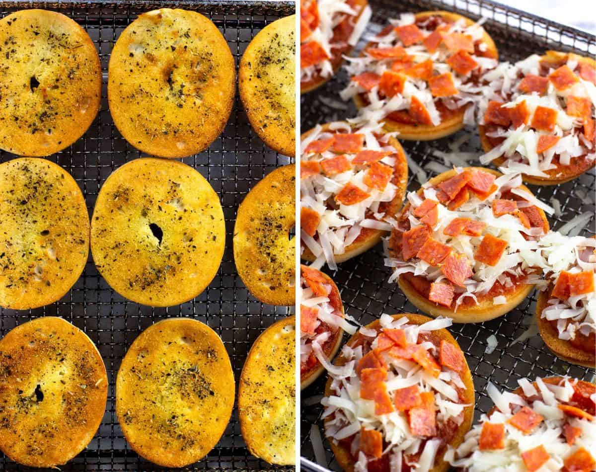 Toasted pizza bagels (left) and toasted bagels with toppings added (right).