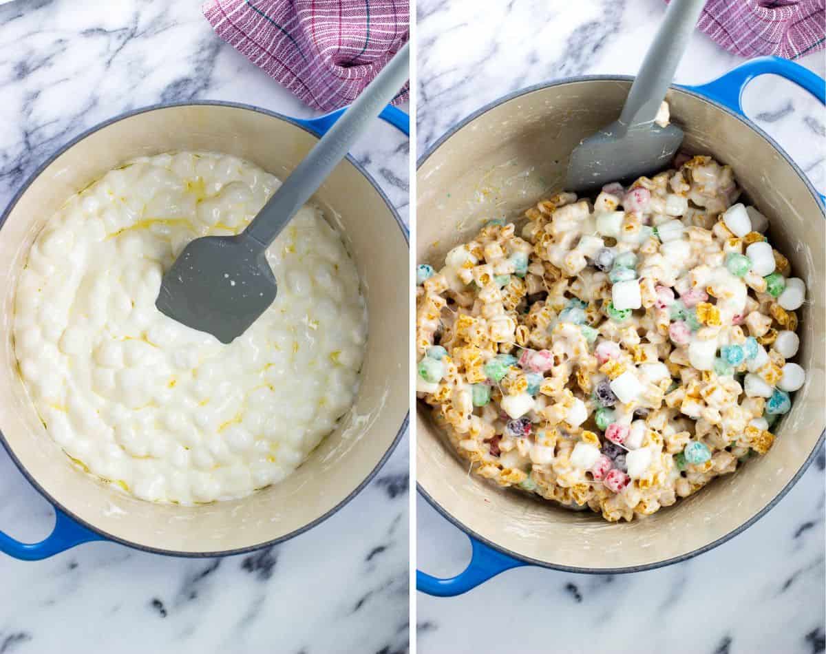 Melted marshmallows in a dutch oven (left) with cereal mixed in (right).