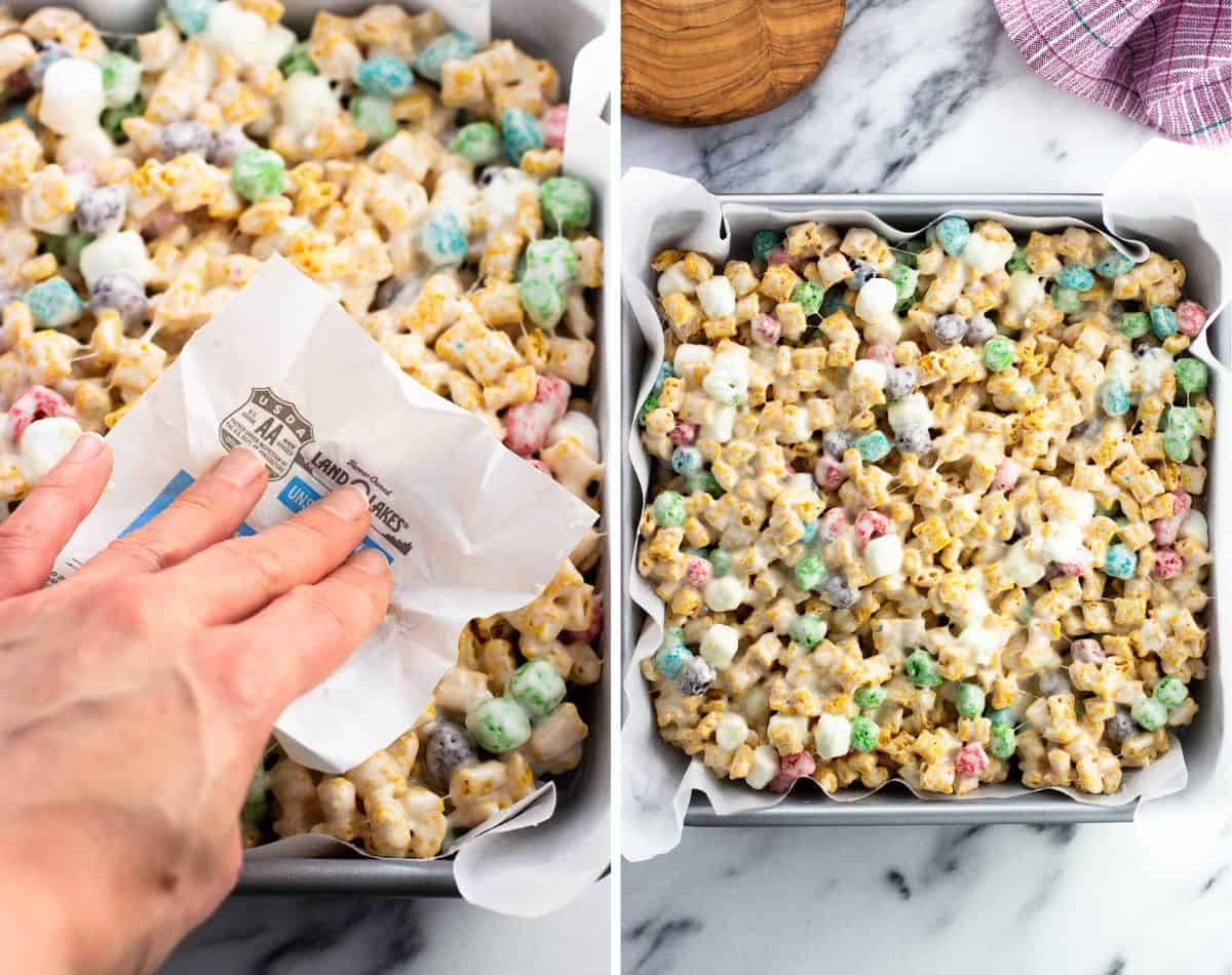 A hand using a butter wrapper to press the cereal treats into the pan (left) and a square pan full of the mixture (right).