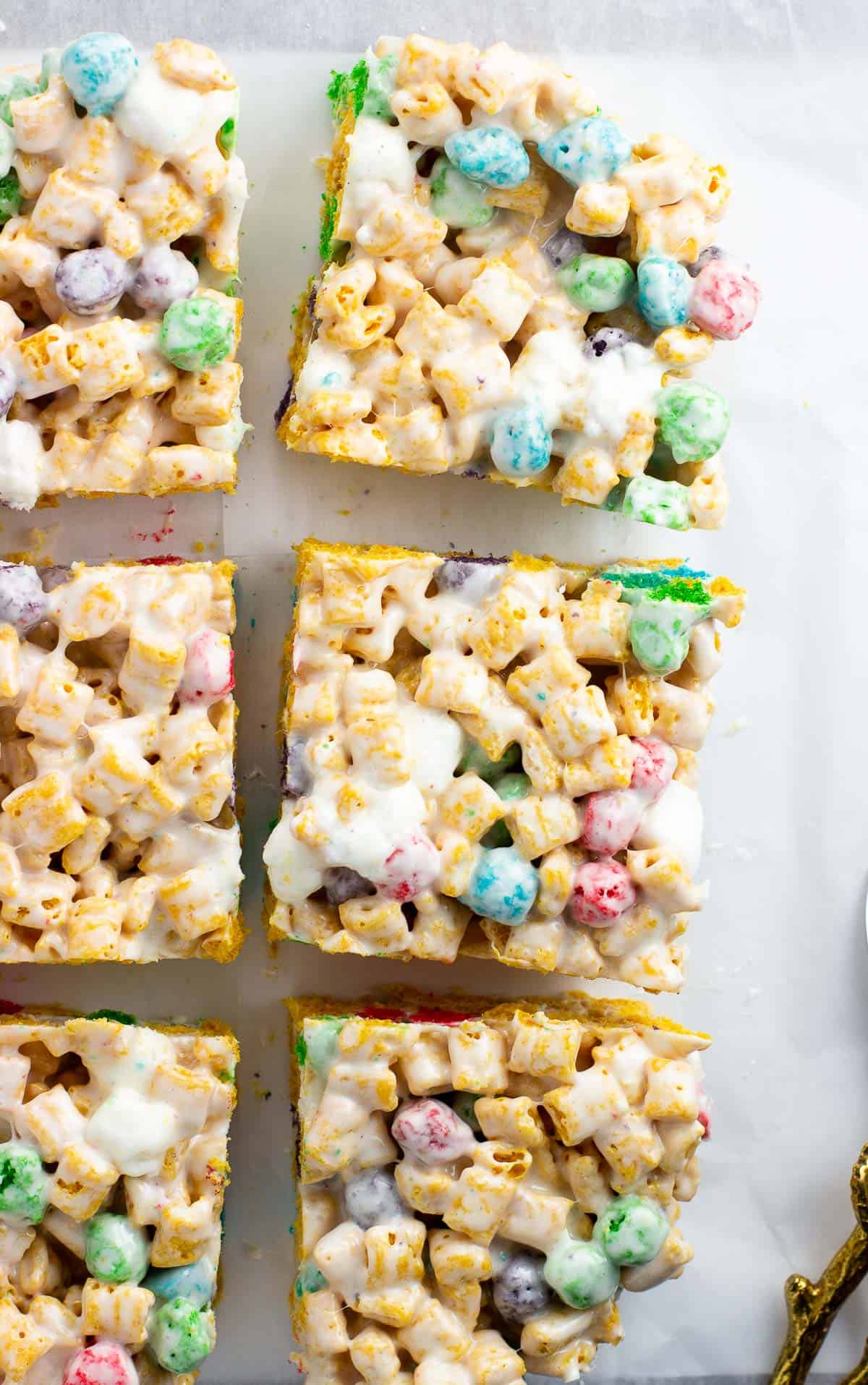 Cap'n crunch cereal treats sliced into squares.
