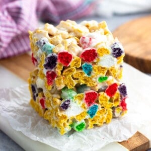 Two Cap'n Crunch cereal treats stacked on top of one another.