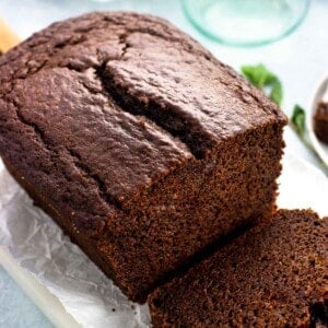 A loaf of chocolate yogurt cake sliced.