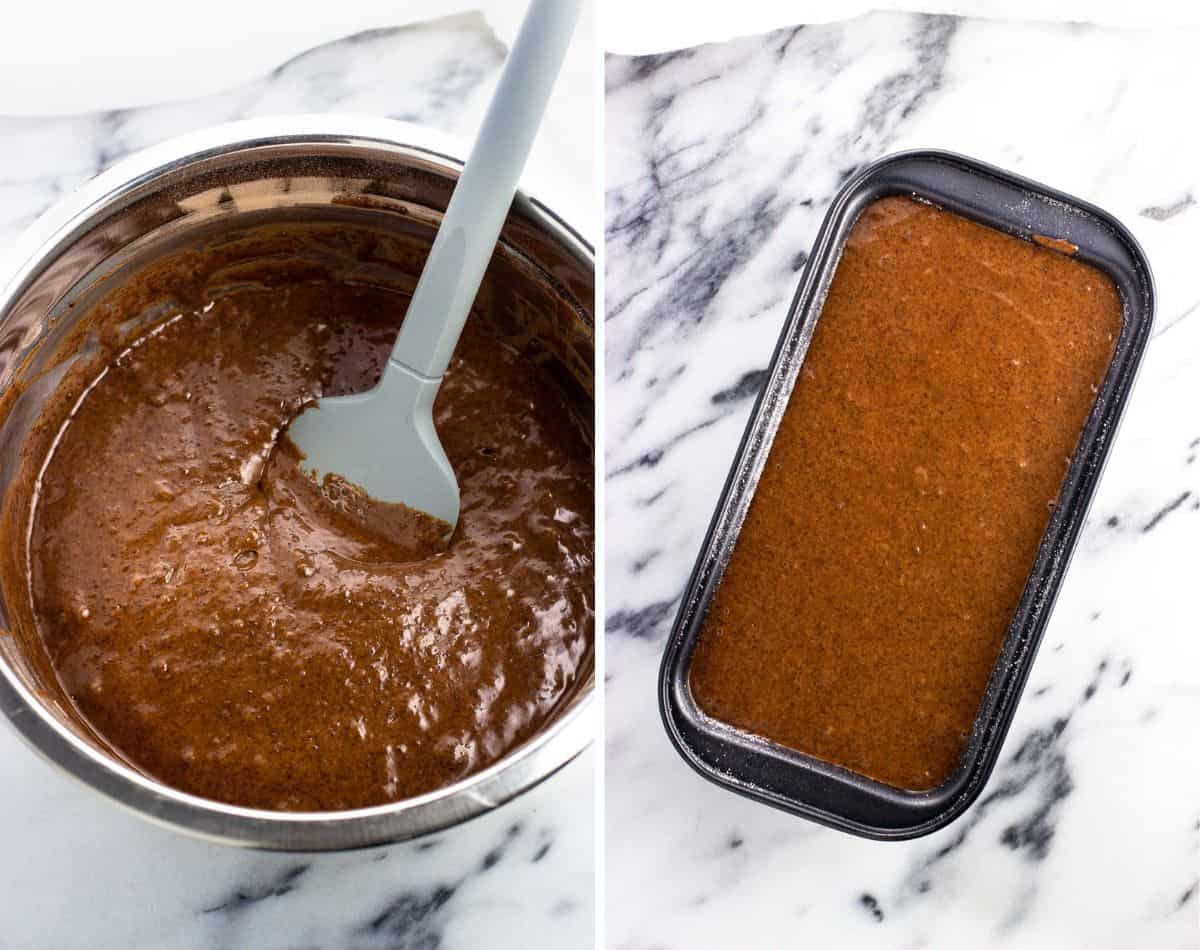 The cake batter combined in a bowl (left) and then poured into a metal loaf pan (right).