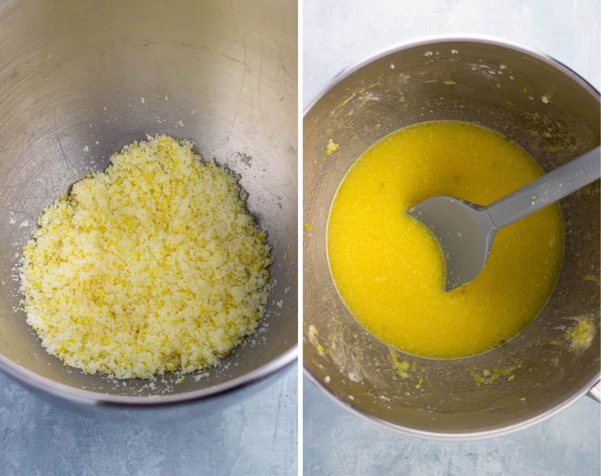 Lemon zest rubbed sugar in a bowl (left) and all wet ingredients poured into the bowl (right).