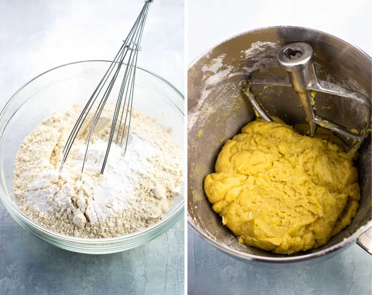 Dry ingredients in a bowl with a whisk (left) and the cookie dough all combined in a bowl (right).