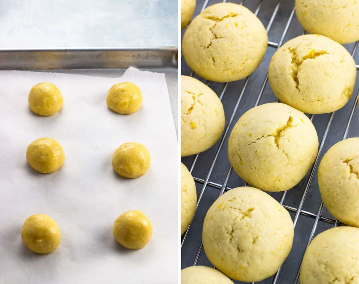 Cookie dough balls before baking on a tray (left) and after baking on a rack (right).