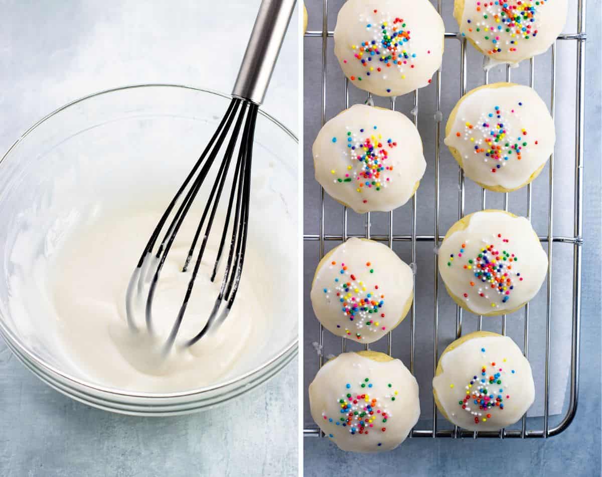 Glaze whisked in a bowl (left) and glazed anginetti cookies on a wire rack (right).