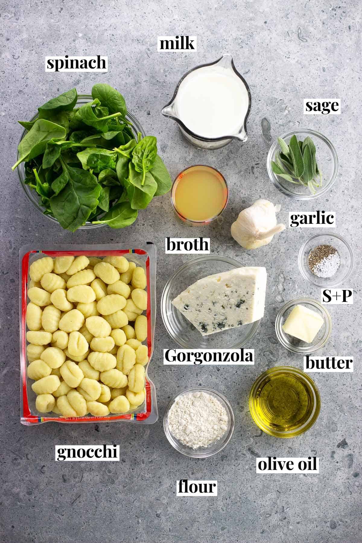 Recipe ingredients in separate containers labeled with text.