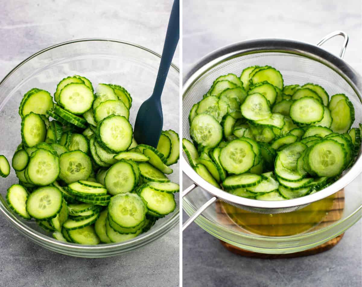 Thinly-sliced cucumber in a bowl with salt (left) and being lifted out of the bowl with a sieve after sweating (right).