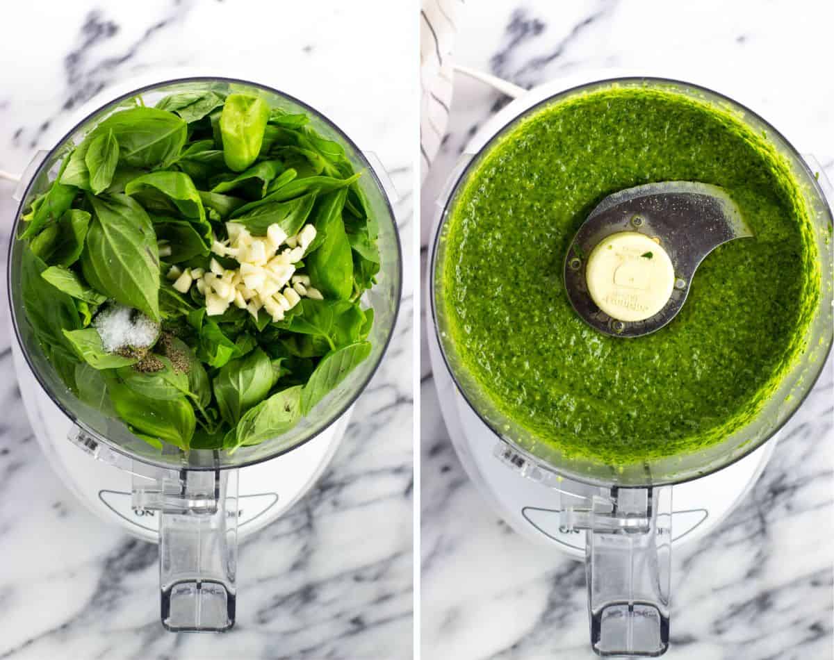 Before and after making basil pesto in a food processor.