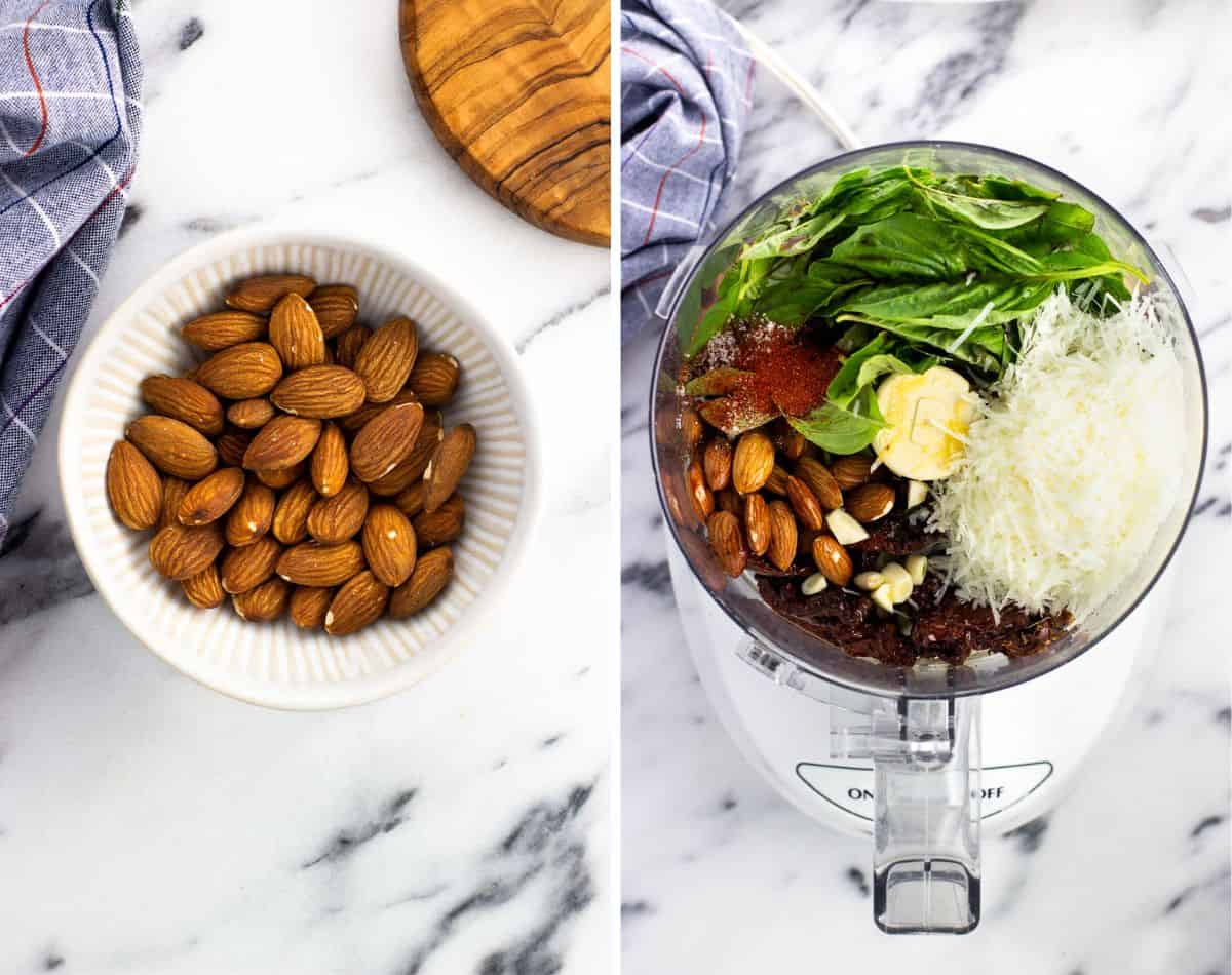 Toasted almonds in a bowl (left) and pesto rosso ingredients in a food processor (right).