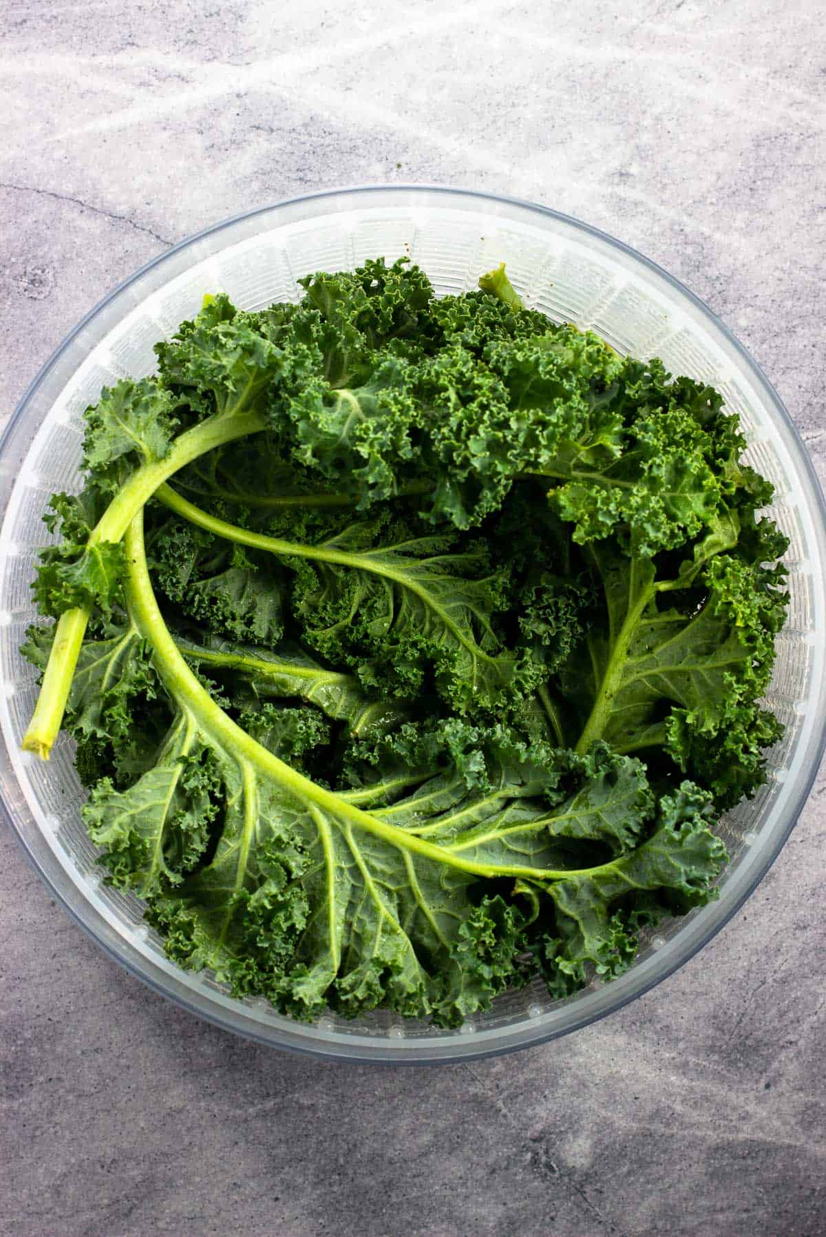 Whole kale leaves circled around a salad spinner.