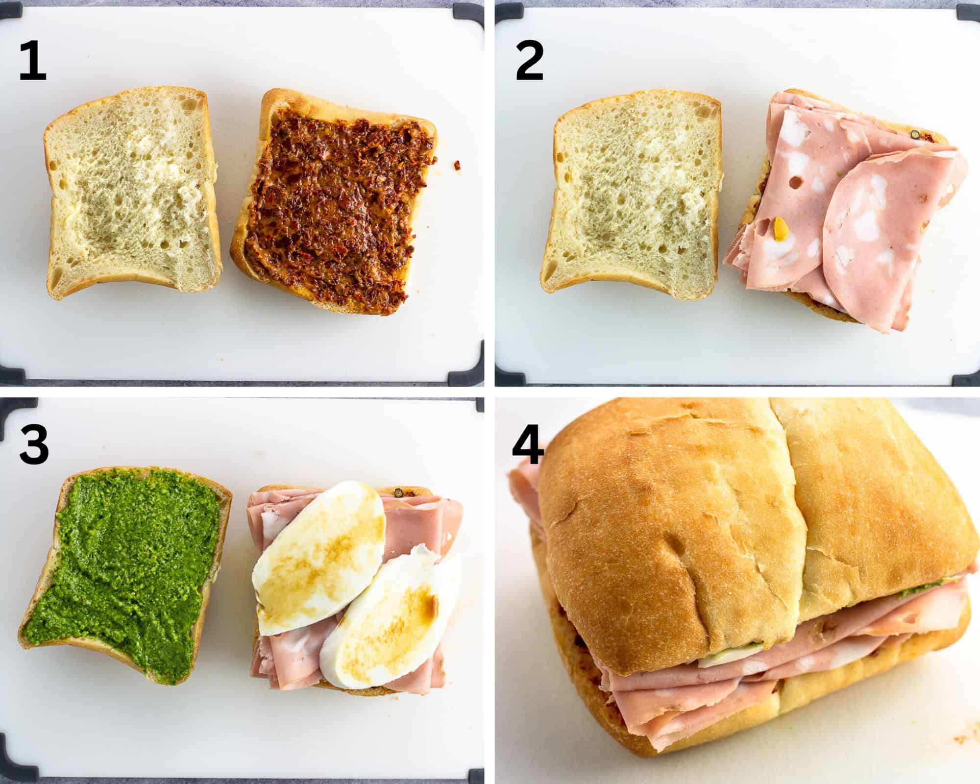 The stages of layering a mortadella panini.