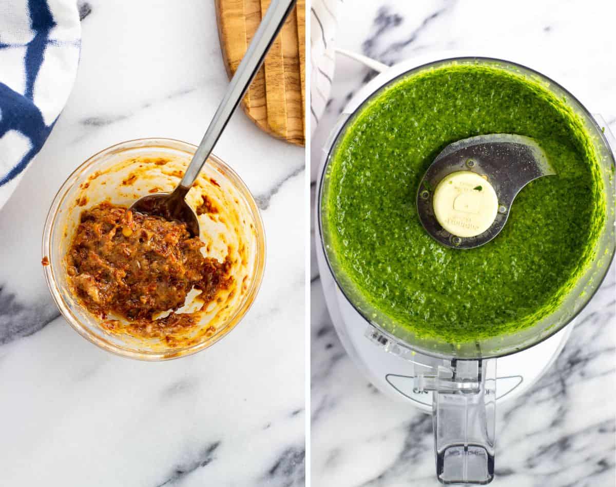 Sun-dried tomato mayo in a bowl (left) and a food processor of basil pesto (right).