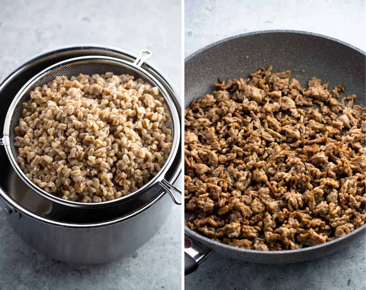 Cooked farro in a sieve (left) and cooked and crumbled sausage in a pan (right).