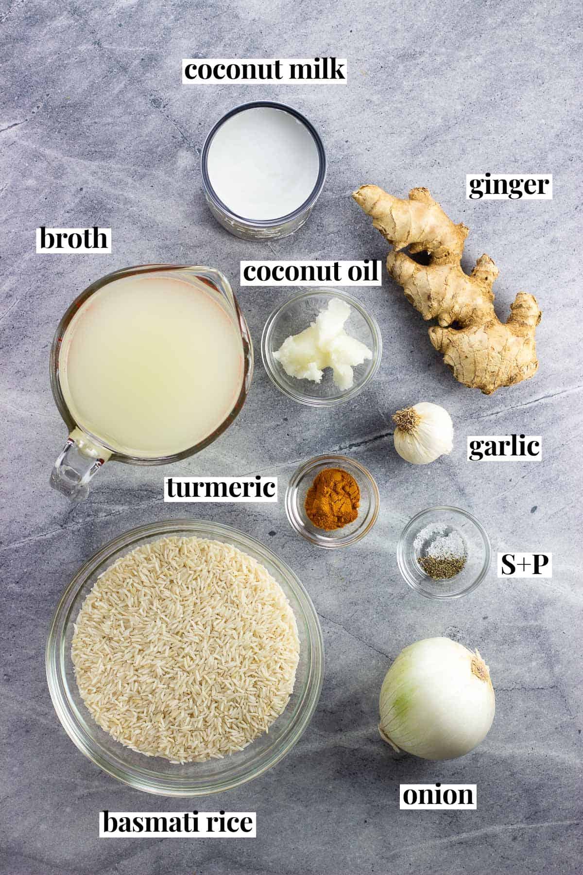 Labeled recipe ingredients in separate bowls.