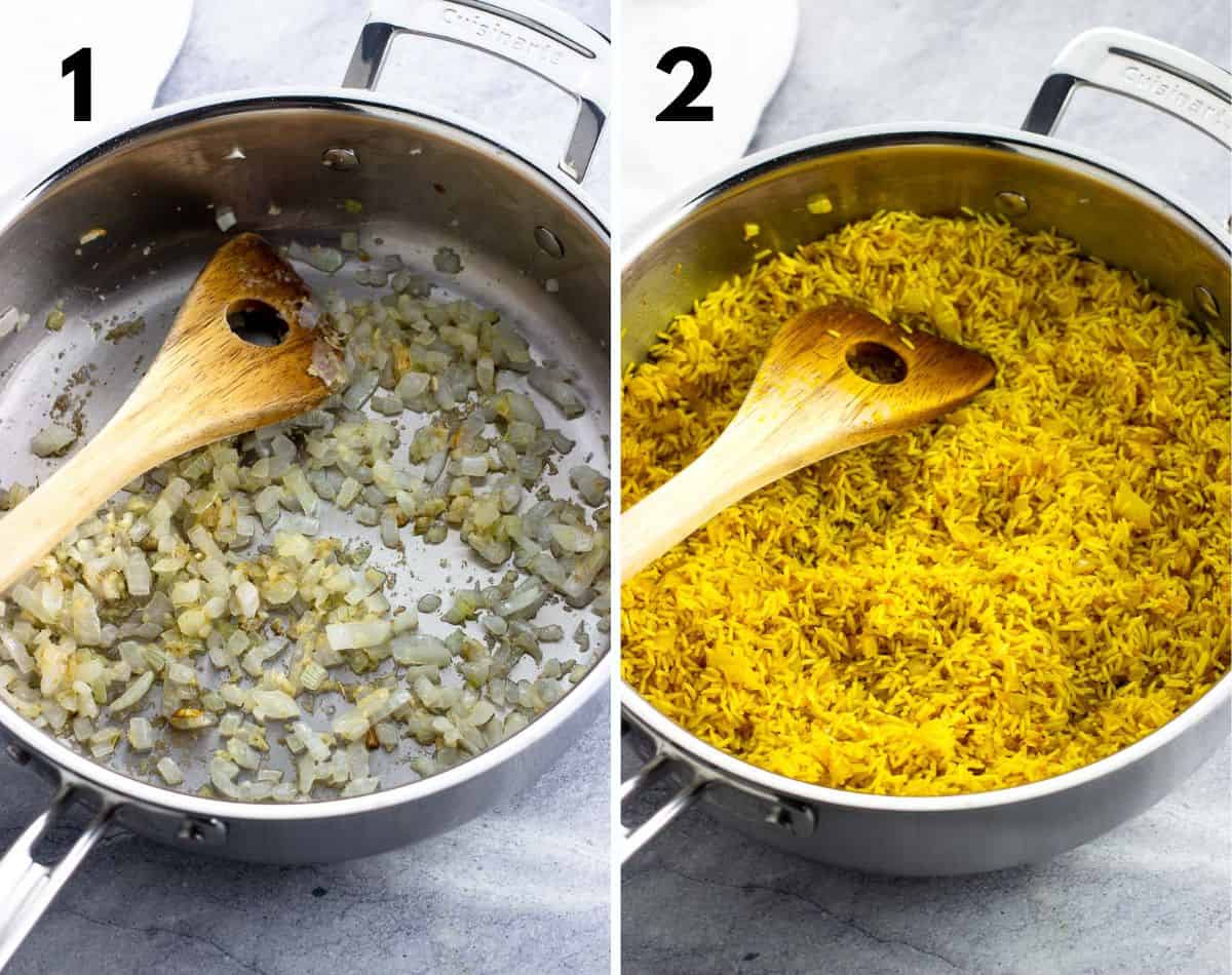Garlic, onion, and ginger sautéed in a pan (left) and after toasting the rice and turmeric (right).