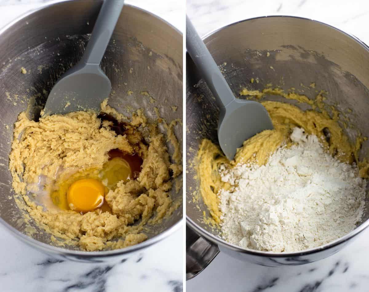 Two stages of adding the ingredients to a mixing bowl to form cookie dough.