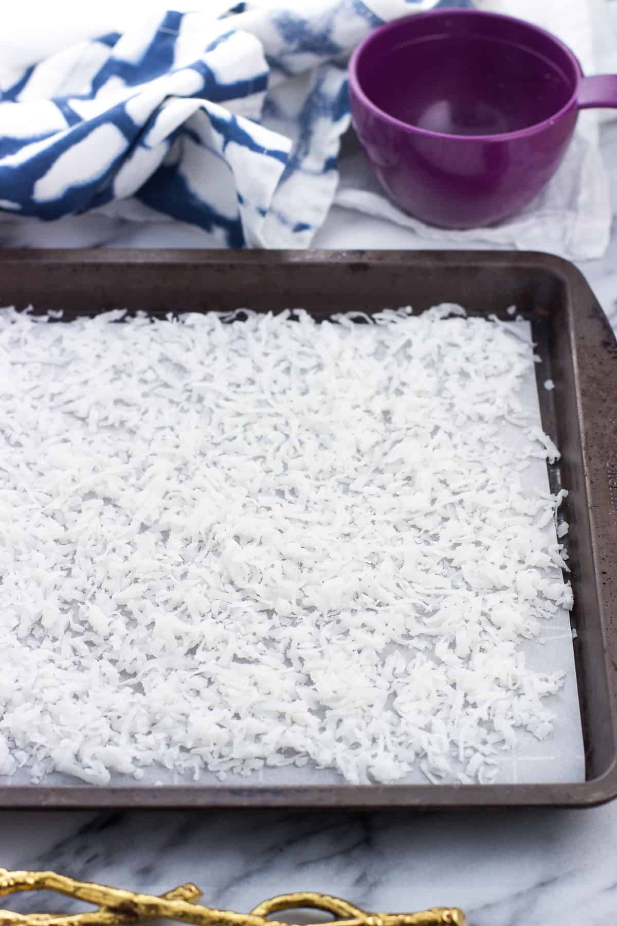 Untoasted sweetened coconut on a sheet pan.