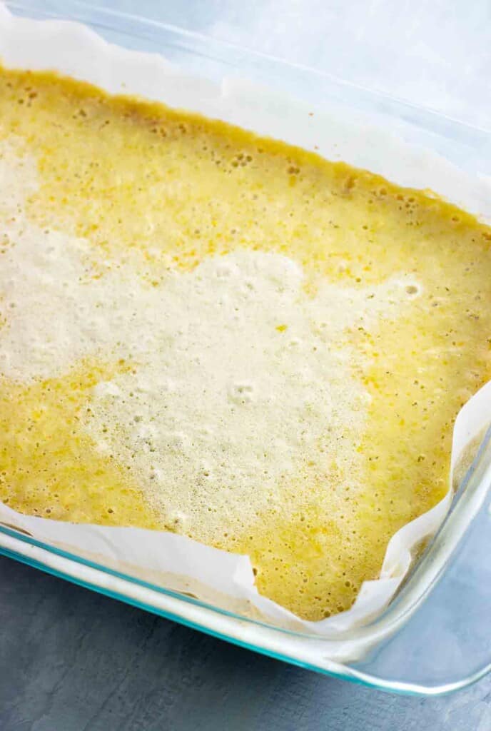 Baked lemon bars in the pan before slicing.