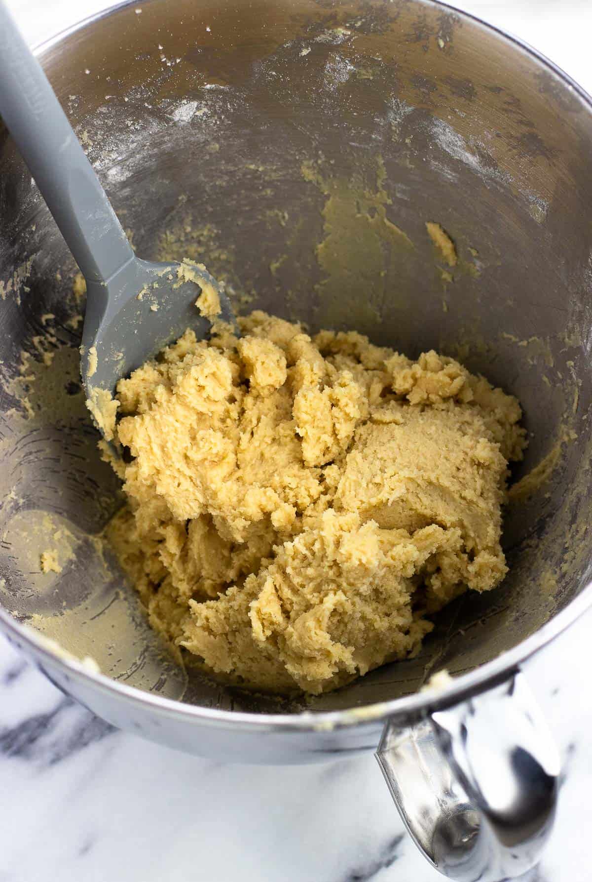 Bisquick cookie dough in a mixing bowl before adding chocolate chips.