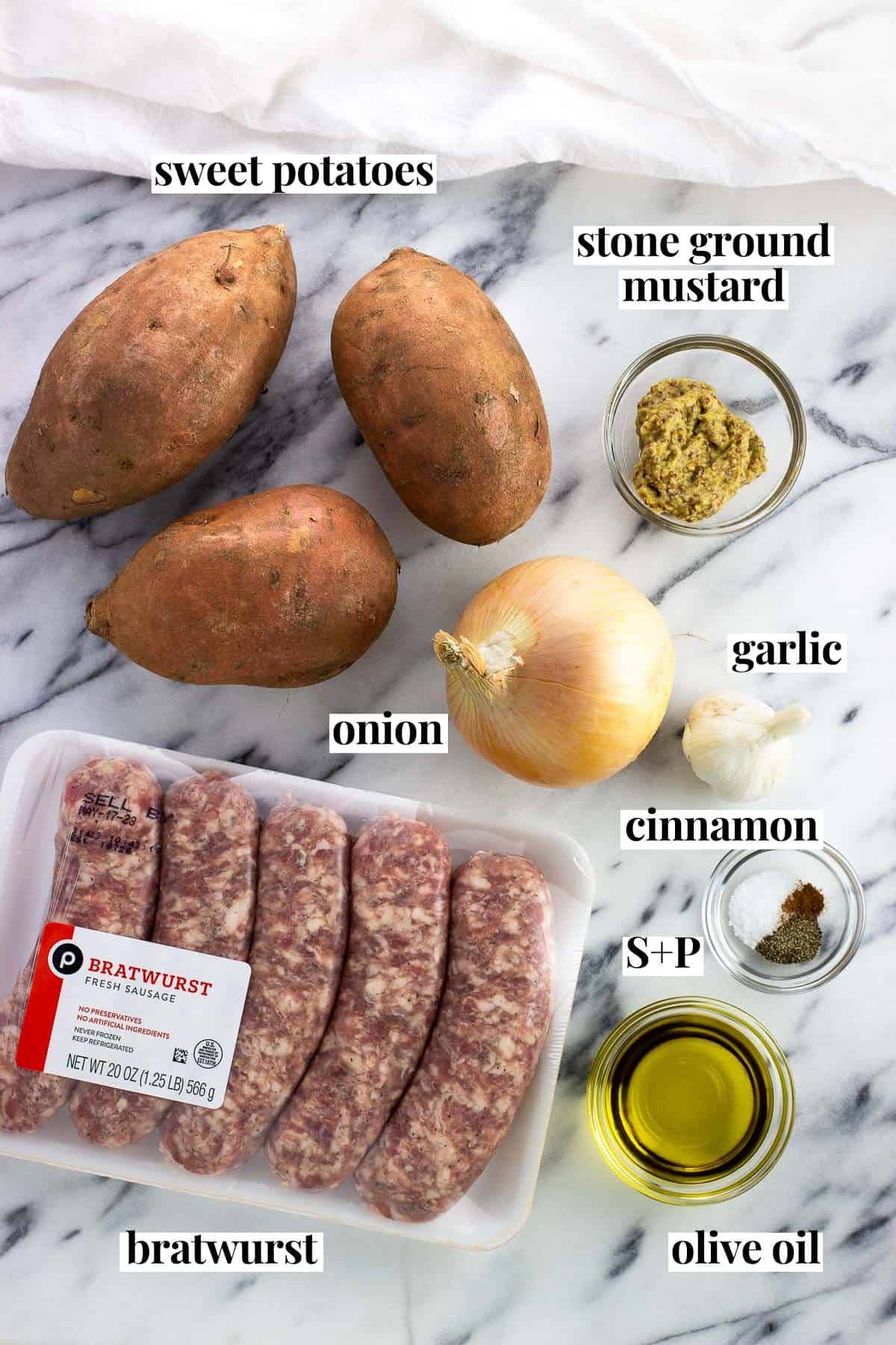 Ingredients for a sheet pan bratwurst dinner labeled with their names.