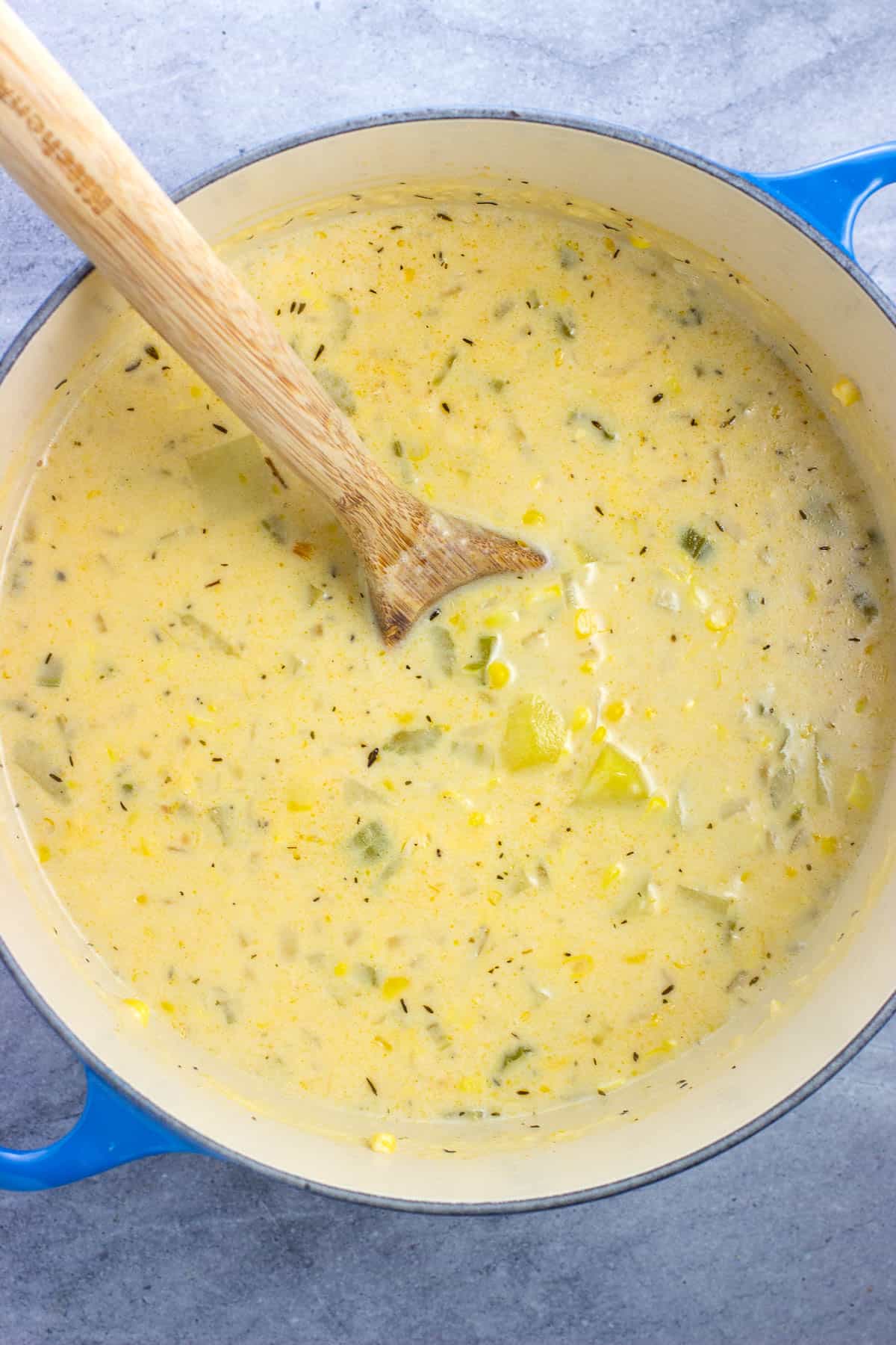 Thickened chowder in a bowl after the potatoes have cooked.