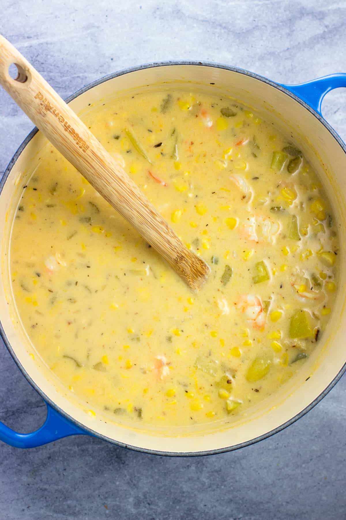 Shrimp cooked in the chowder just prior to serving.