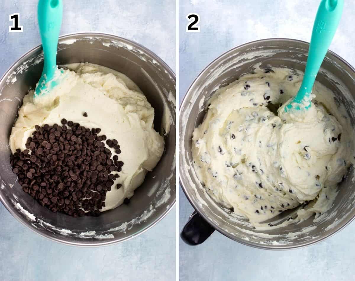 Cannoli filling ingredients in a bowl before (left) and (after) stirring in chocolate chips.