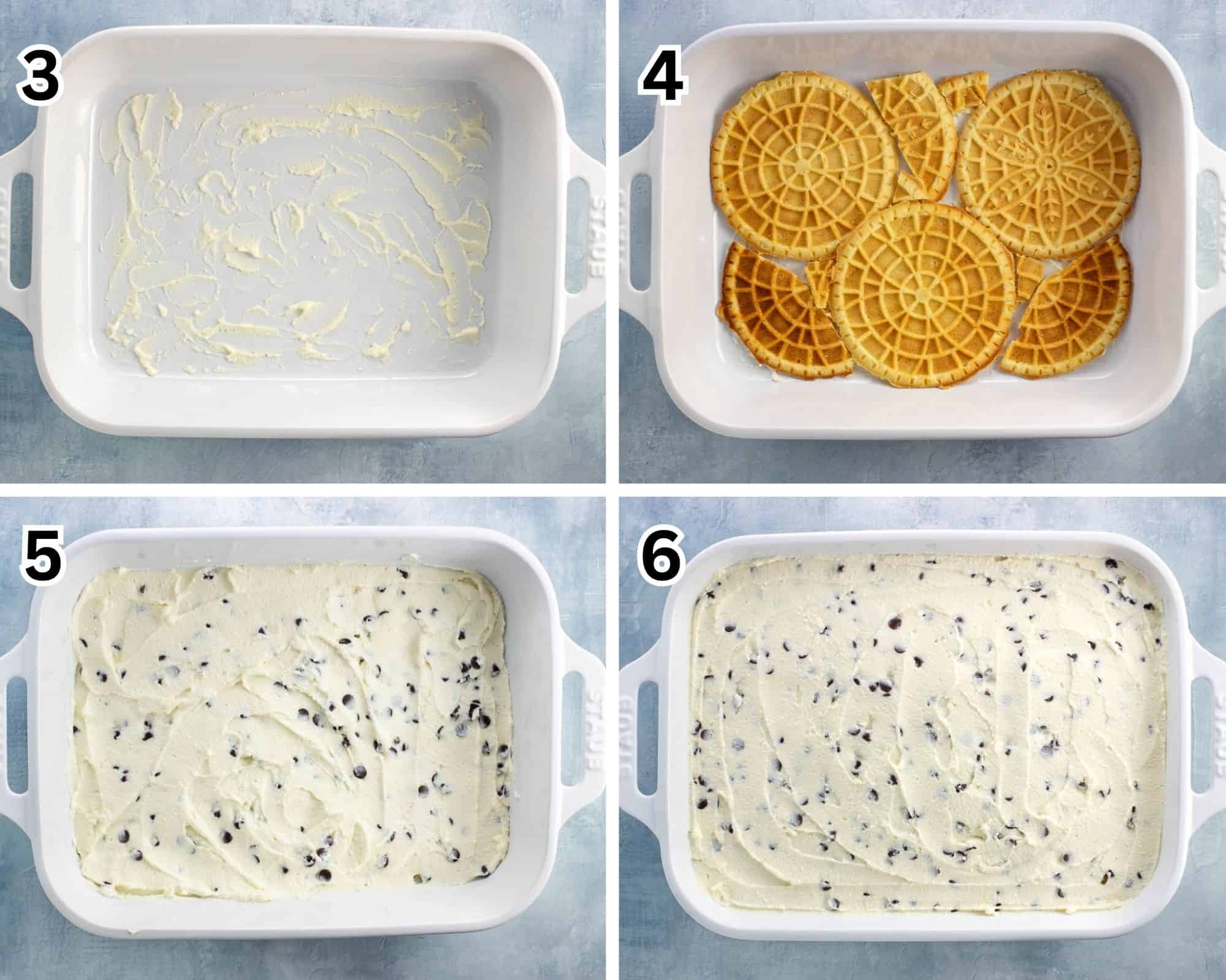 The steps of assembling a cannoli icebox cake.