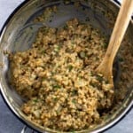 Farrotto in a pan after stirring in balsamic vinegar.