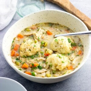 A shallow bowl of chicken and Bisquick dumplings.