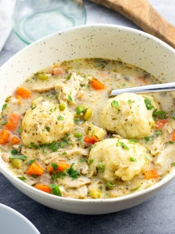 A shallow bowl of chicken and Bisquick dumplings.