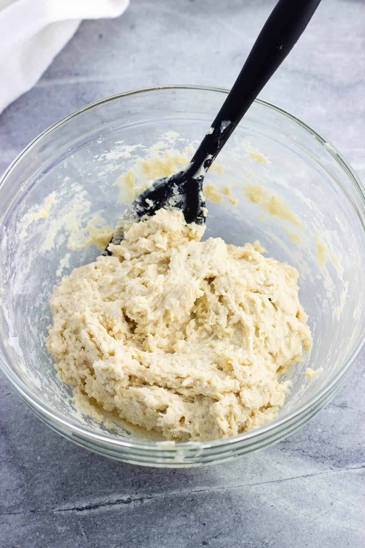 The Bisquick dumpling dough mixed together in a bowl.