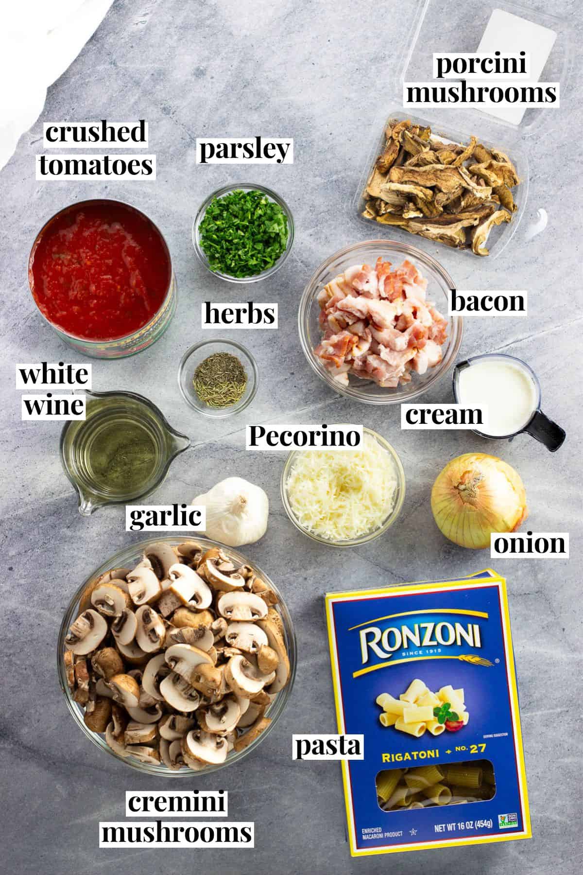 Text-labeled recipe ingredients in separate containers.