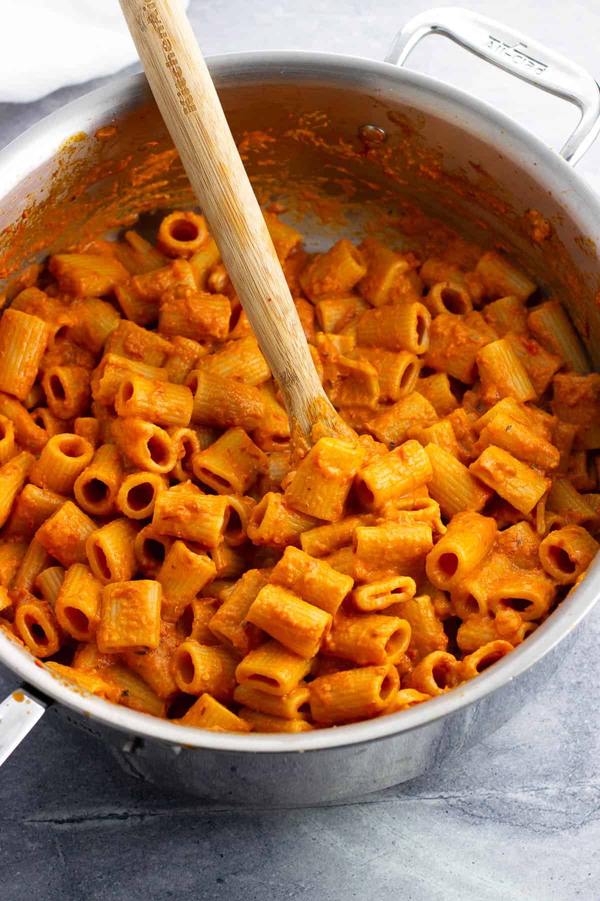 A big pan of spicy rigatoni vodka.