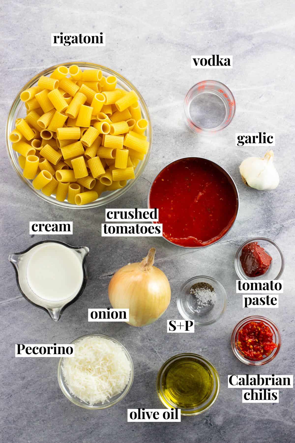 Labeled spicy rigatoni ingredients in separate bowls.
