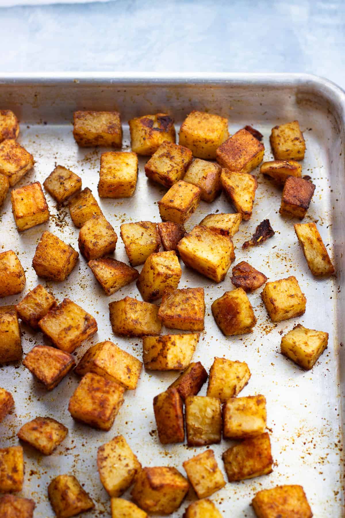 Taco roasted potatoes on a sheet pan.
