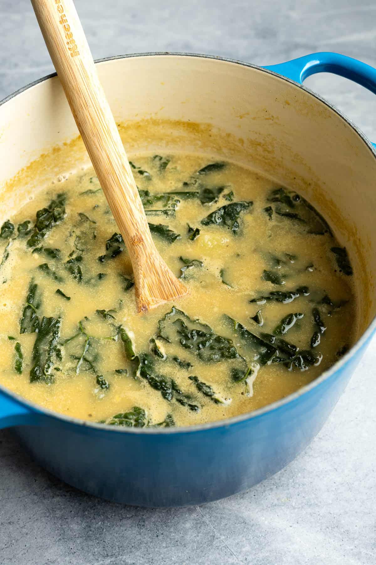 A pot of potato white bean soup.