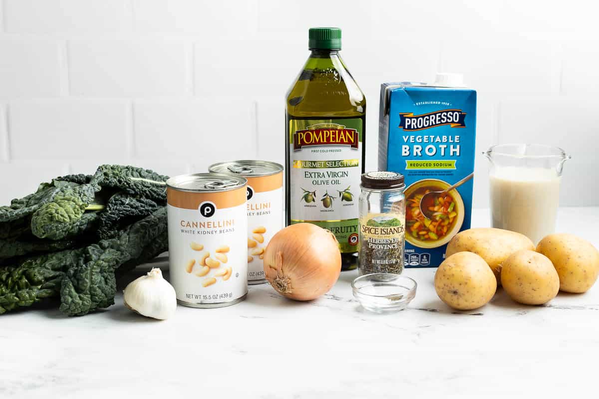 The soup ingredients lined up on a counter.