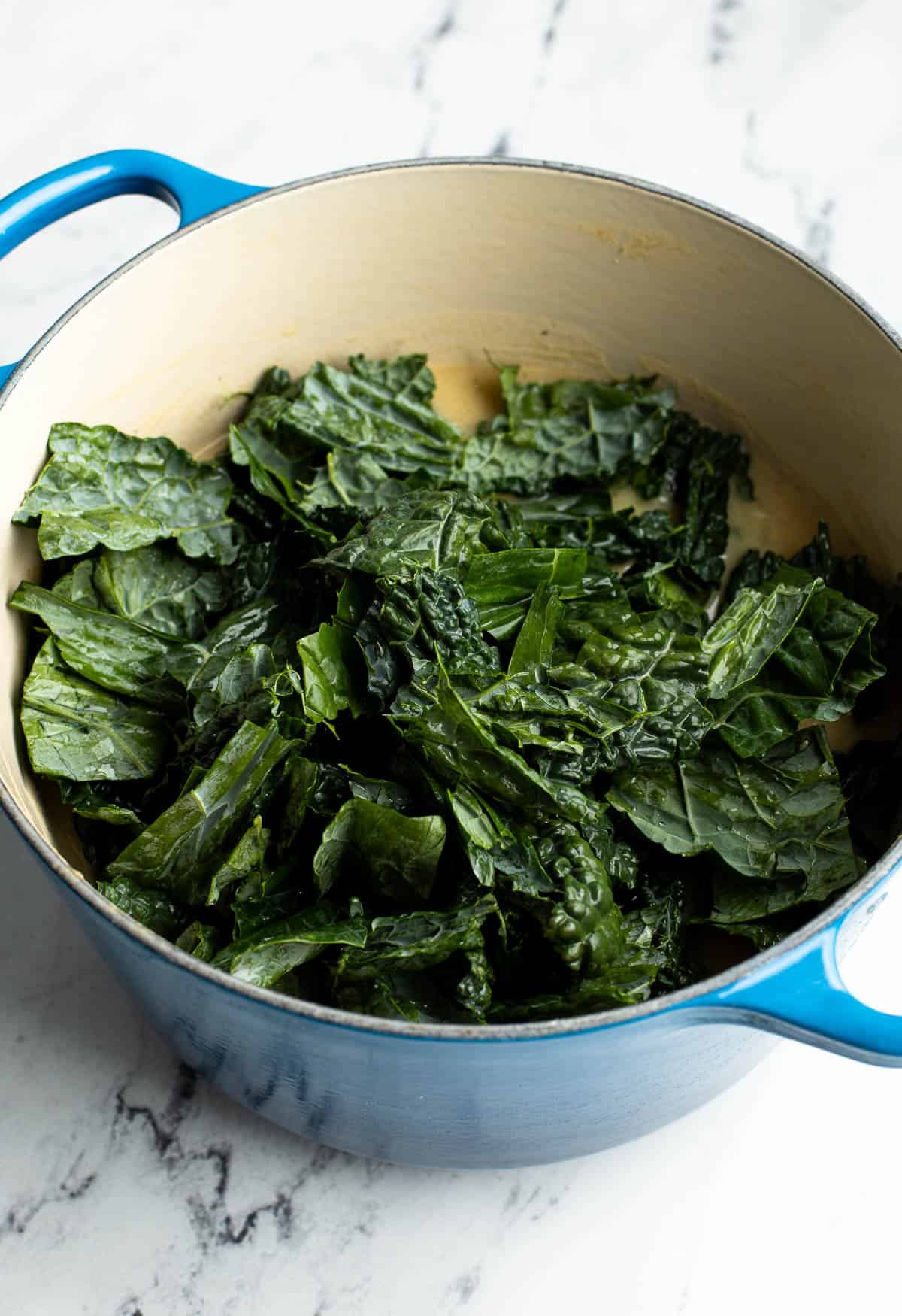 A chopped bunch of Tuscan kale being added to the soup.