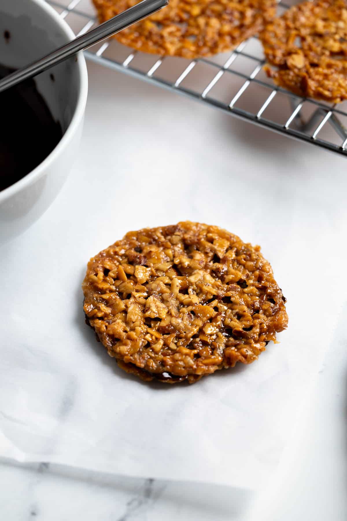 Pressed together florentine cookie layers waiting for the chocolate to solidify.