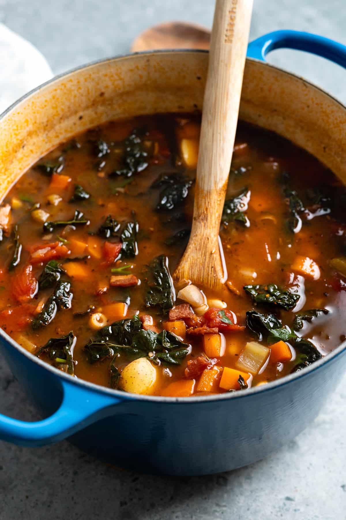 A big Dutch oven filled with minestrone soup.