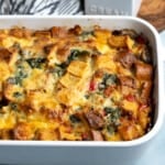 A baking dish full of baked breakfast strata.