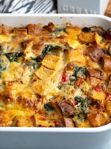 A baking dish full of baked breakfast strata.