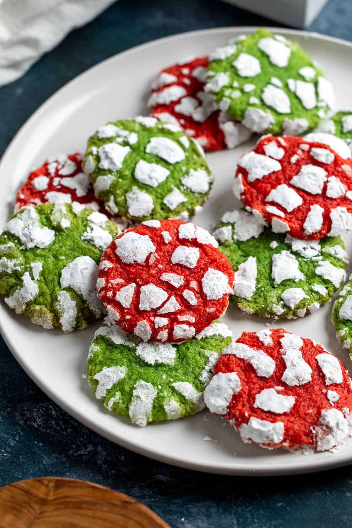 Christmas crinkle cookies on a plate.